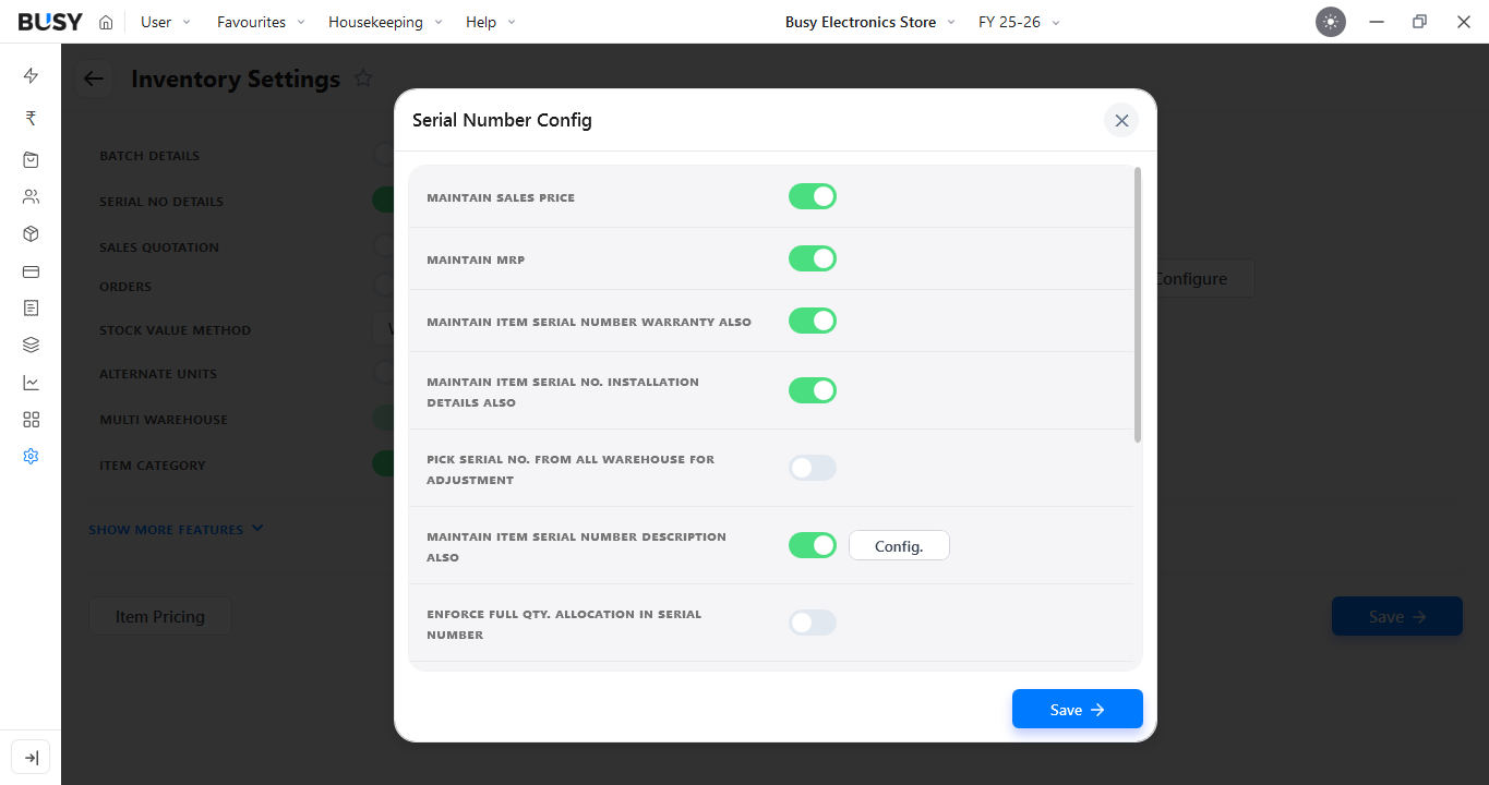 Serial Number Config window in BUSY
