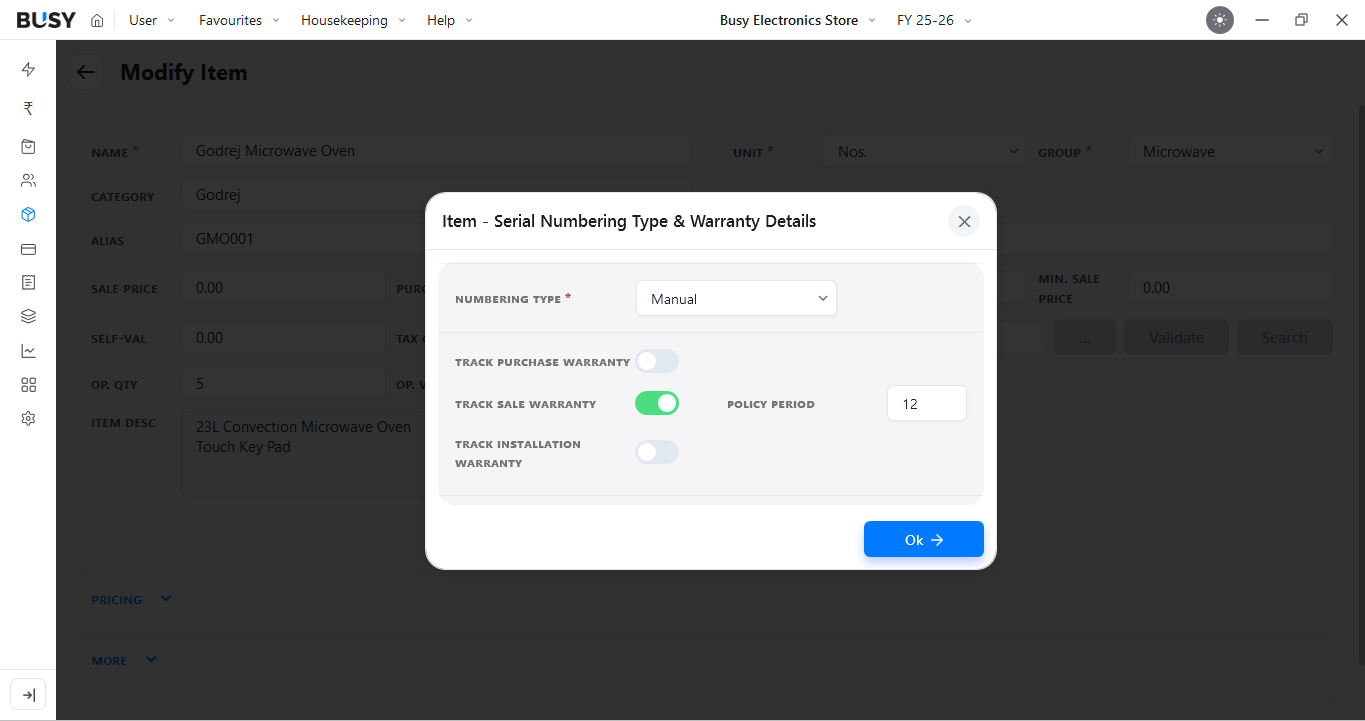 Serial numbering type selection - Automatic or Manual