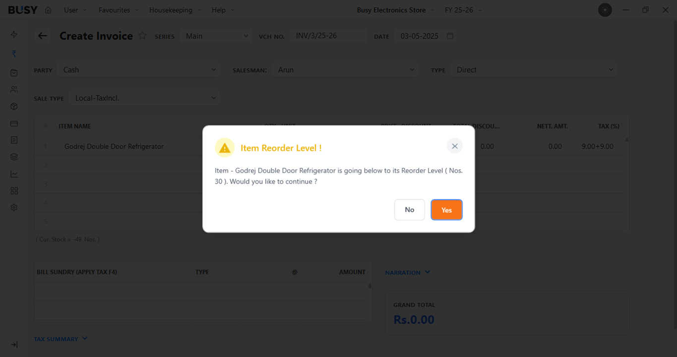 Critical level warning during sales invoice entry