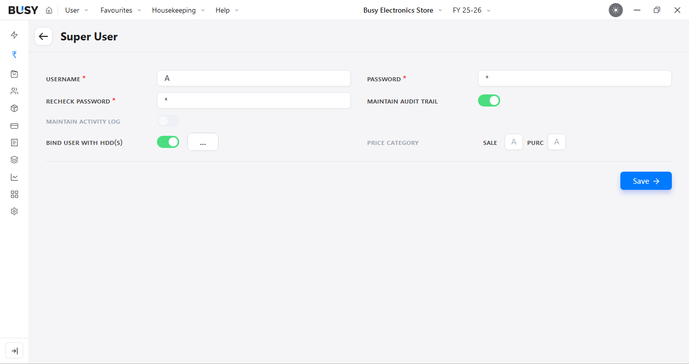 Entering Super User details in BUSY