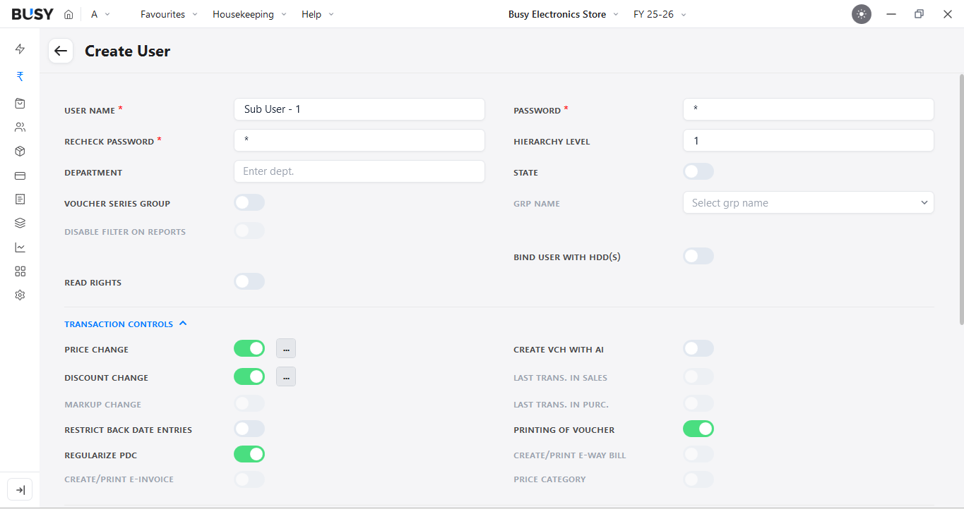 Create User window for a sub user in BUSY