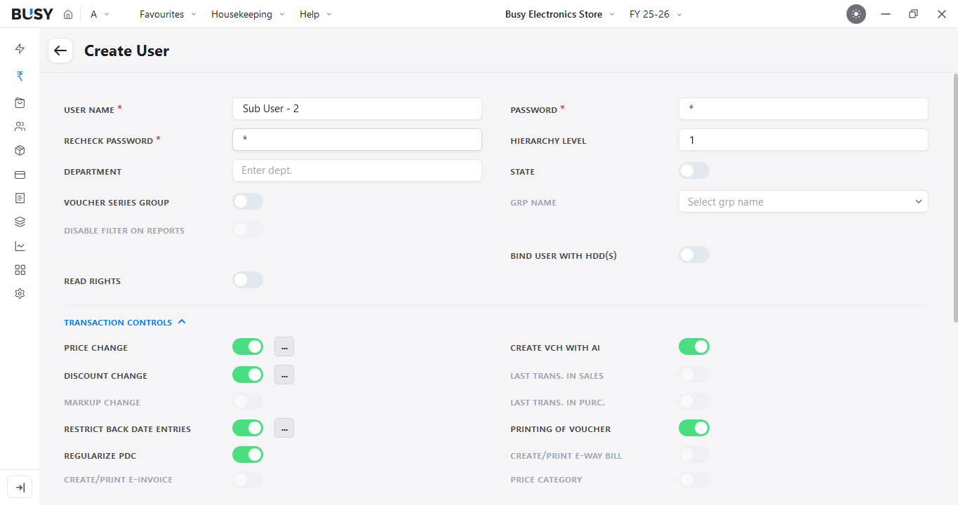 Transaction Controls for a user in BUSY