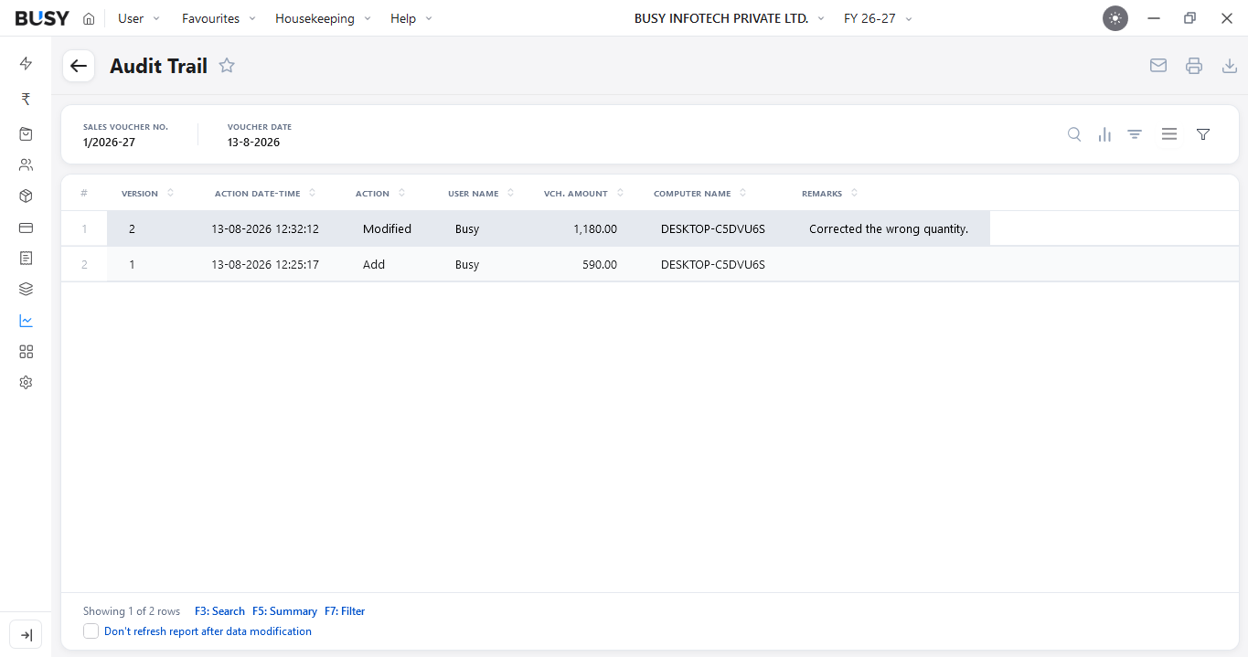 Modification Narration window while modifying a voucher in BUSY
