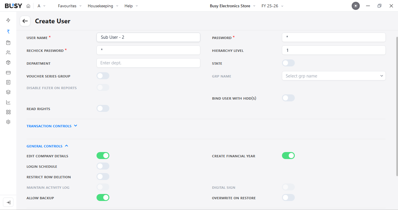 General Controls for a user in BUSY