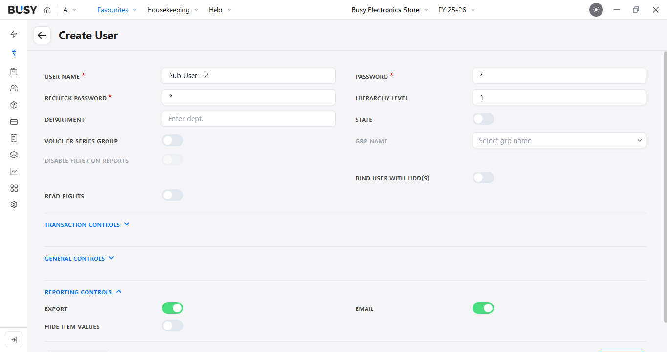Reporting Controls for a user in BUSY