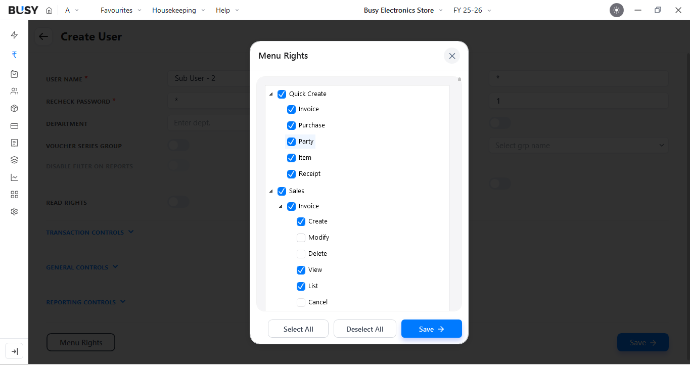 Menu Rights selection for a user in BUSY
