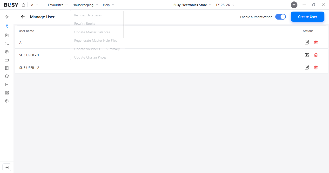 Manage User option in BUSY
