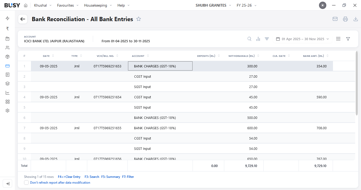 Bank Reconciliation - All Bank Entries for the selected bank account