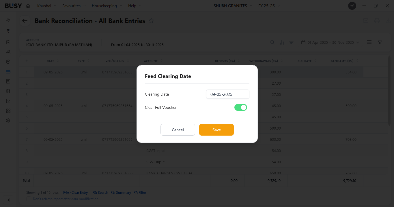 Feed Clearing Date window against a selected bank entry