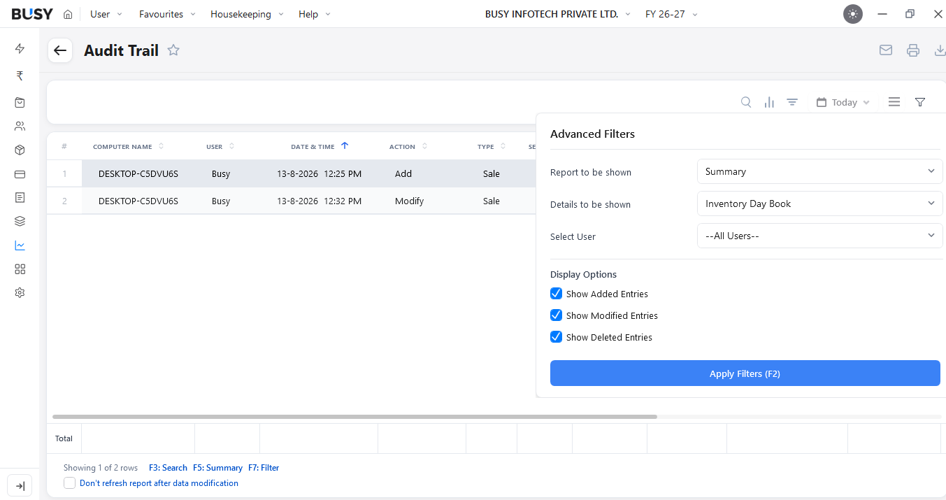 Advanced Filters options in the Audit Trail report