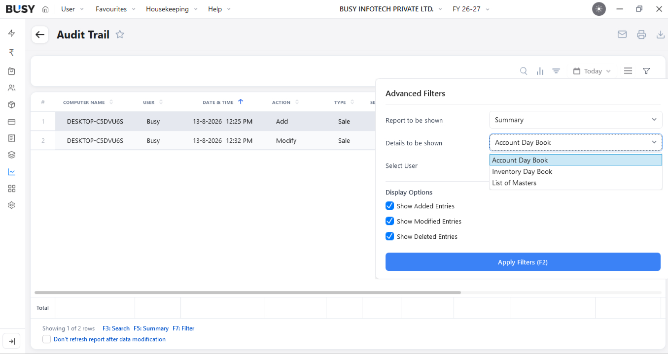 Details to be shown options for the summary audit trail report