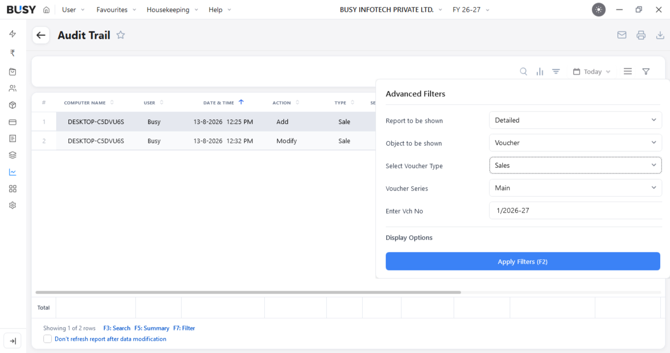 Voucher type, series and number filters in the detailed audit trail report