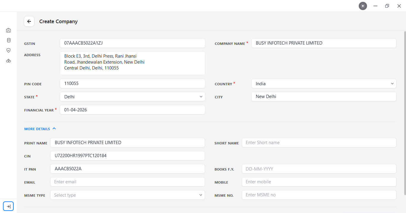 GSTIN and CIN details entered while creating a company in BUSY