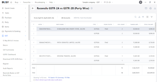 Compare GSTR-2A and GSTR-2B side by side in BUSY