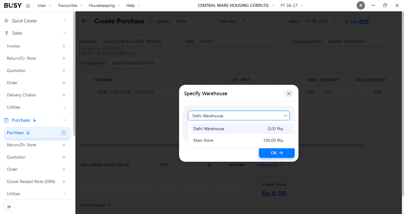 Selecting a different warehouse for each item in a voucher